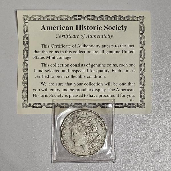 1921 Morgan 90% Silver Dollar And American Historic Society Certificate Of Authenticity