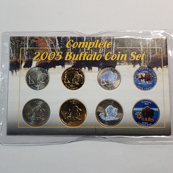 Complete 2005 Buffalo Coin Set: 4 Nickels & 4 Kansas State Quarter: Gold-Plated, Hologram, Colorized