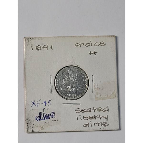 Beautiful United States 1891 Seated Liberty 90% Silver Dime 