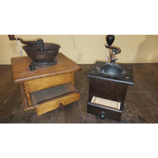 Lot Of Two (2) Antique Coffee Grinders (Cast Iron w/Wooden Drawers) In Excellent Condition -See Pics