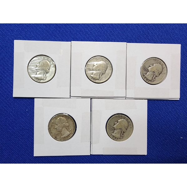 5 Silver Washington Quarters Assorted Years FV: $1.25