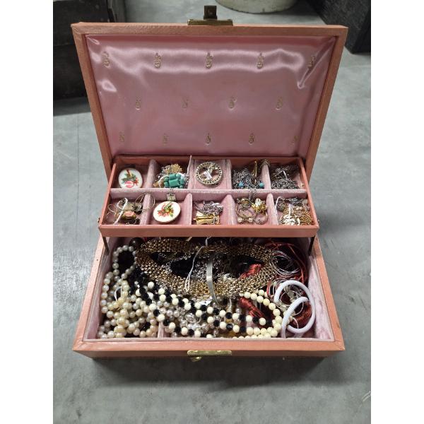 Vintage Pink 11''x8'' Jewelry Box With Contents
