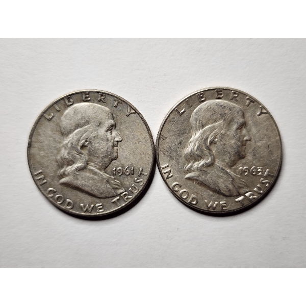 Two United States Franklin 90% Silver Half Dollars ~ FACE VALUE $1.00