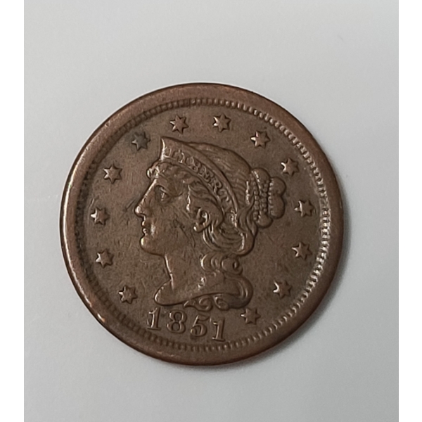 United States 1851 Braided Hair Large Cent - AU Condition