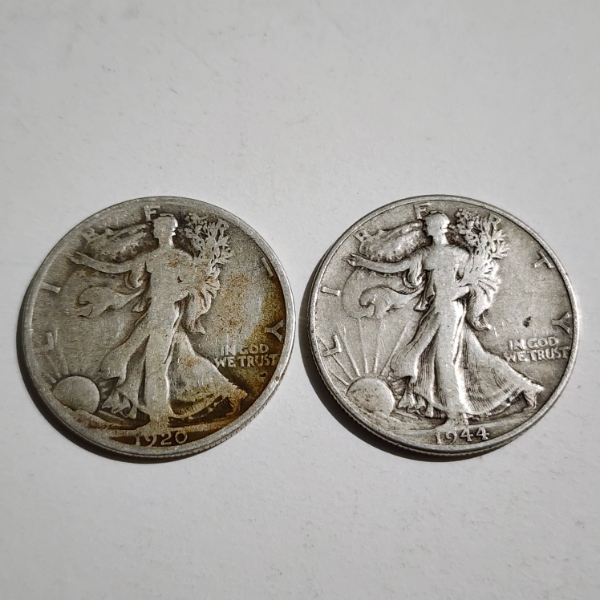 Two 90% Silver Walking Liberty Half Dollars ~ 1920 & 1944 Philadelphia Minted ~ $1.00 Face Value