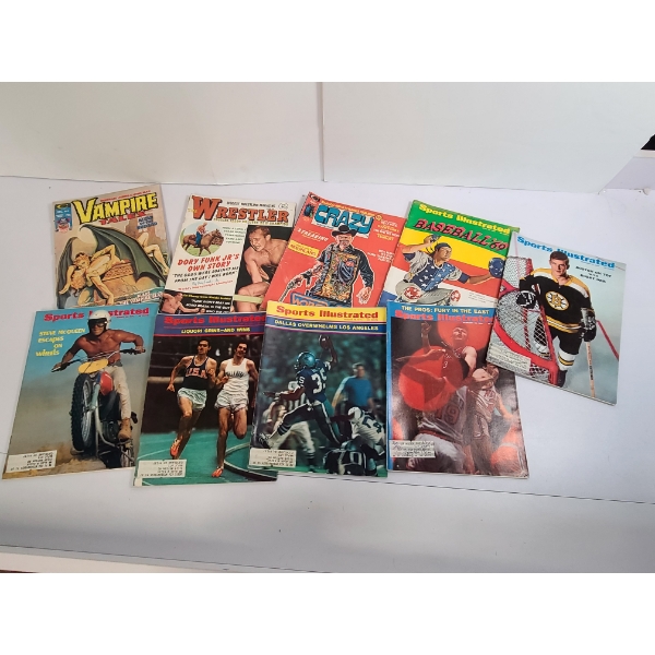 9 Old Magazines - Sports Illustrated - Baseball 69' - Wrestler - Vampire - Crazy 