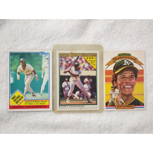 Three Assorted Rickey Henderson Baseball Trading Cards Ft. Topps, Upper Deck & Donruss!