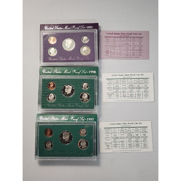 x3 United States Proof Sets: 1992, 1998, 1997 - With Original Packaging & CoA
