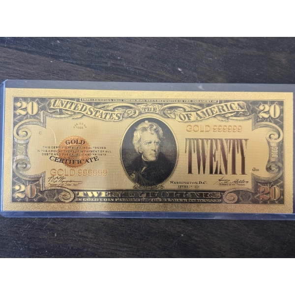 $20 Gold Certificate Gold Back .999999 - 24K Gold Back In Protective Holder - Mint Condition