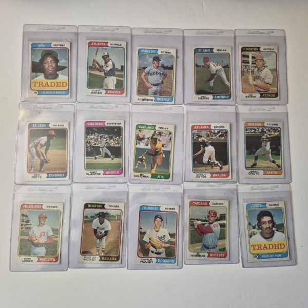 MINT 1974 TOPPS BASEBALL CARDS - 15 ASSORTED SLEEVED CARDS IN NEVER TOUCHED FRESH CONDITION 