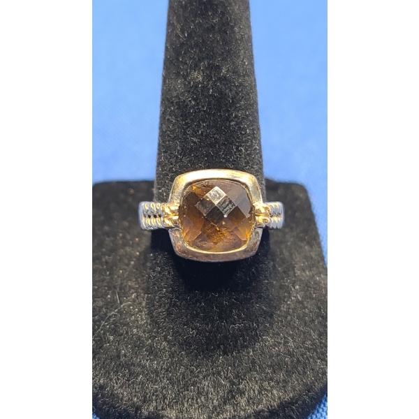 18K Gold/Sterling Silver Ring With Large Brown Stone - See Photo For Sizing - Weight: 8.5g