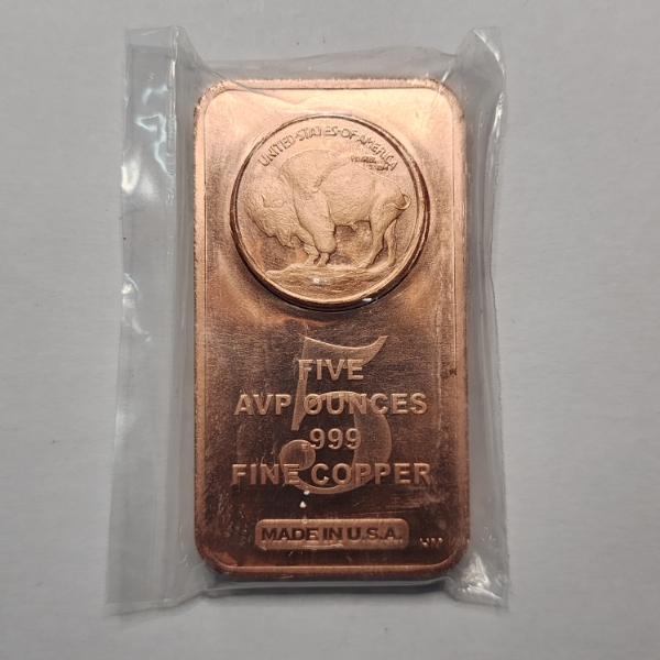 Buffalo Design 5 AVP Ounces .99 Fine Copper Bar - In Sealed Package