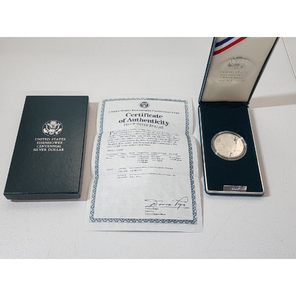 United States 1990 Eisenhower Centennial Coin Proof Silver Dollar - 90% Silver - With Box & CoA