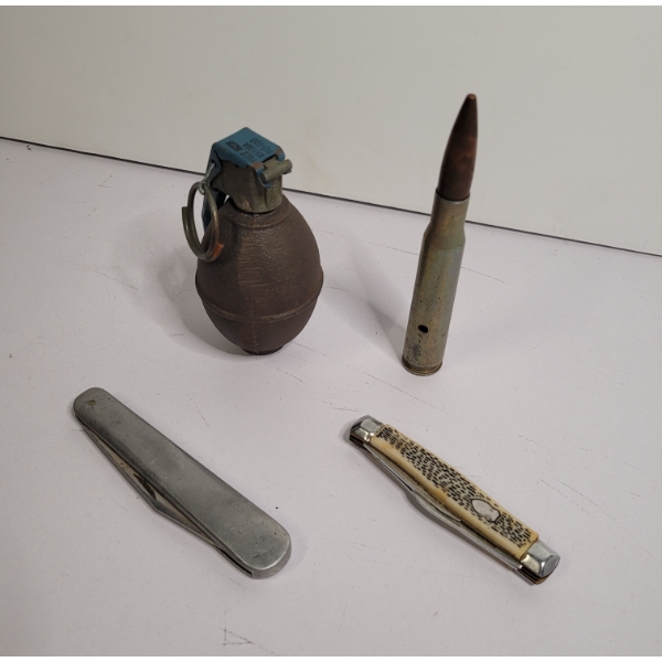 2 Small Pocket Knives, Hollowed Out Grenade And Hollowed Out 50 Cal