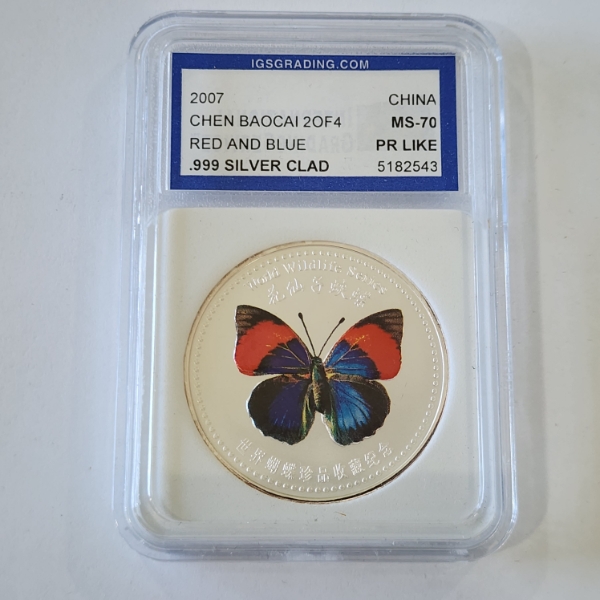 2007 China Chen Baocai World Wildlife Red & Blue Butterfly .999 Silver Clad IGS MS70 PR-Like