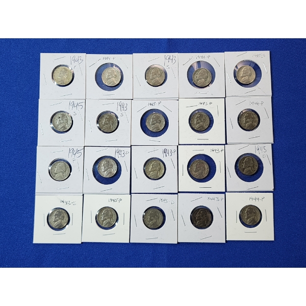 x20 1942-1945 Wartime Jefferson Nickels Assorted Mint Marks FV: $1.00