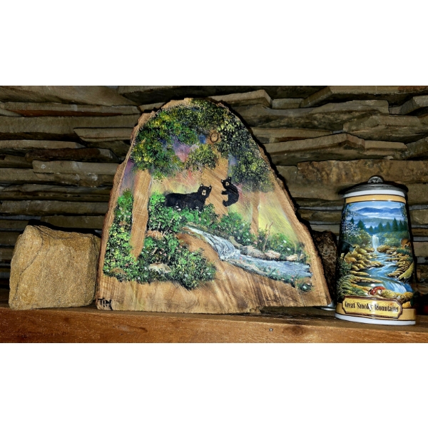 Great Smoky Mountains Bear Scene Painted onto Log, Stone Votive Holder and Beer Stein