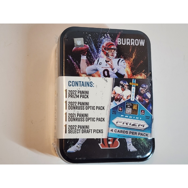 2022 Panini Prizm Joe Burrow NFL Collector's Tin Ft. Four Sealed Packs of Football Cards in Tin