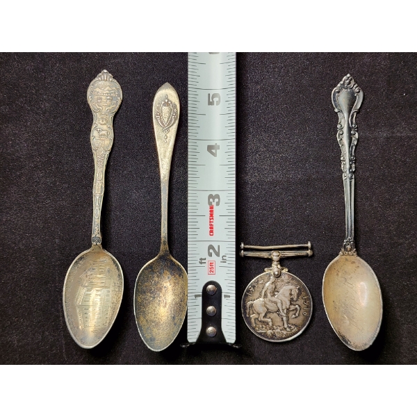 Sterling Silver Souvenir Spoons & Early 1900'S World War I British Silver Medal - 80 Grams Total -