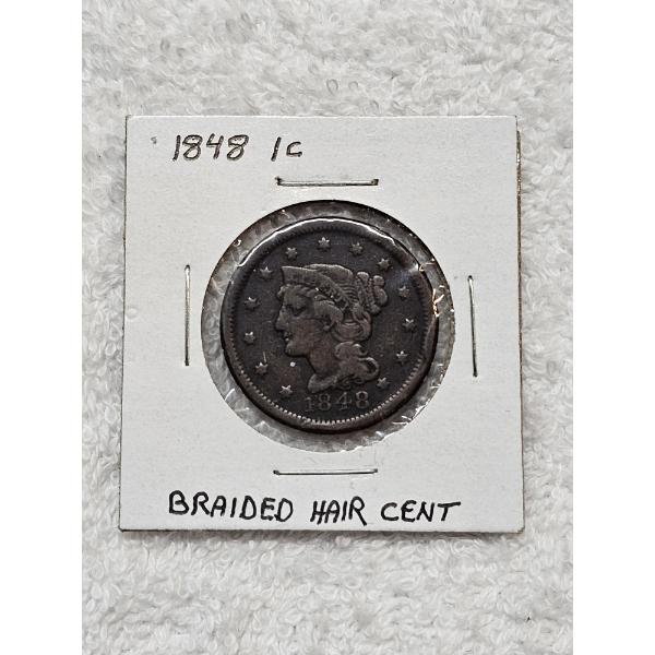 1848 One Cent - Braided Hair Cent Coin with Protective Case