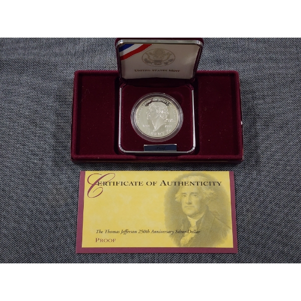 1990 Thomas Jefferson 250th Anniversary Commemorative 90% Silver Dollar in Original Packaging!