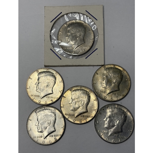 Lot of 6 40% Silver Kennedy Half Dollars, FV $3, (1) 1965, (1) 1968 and (4) 1967