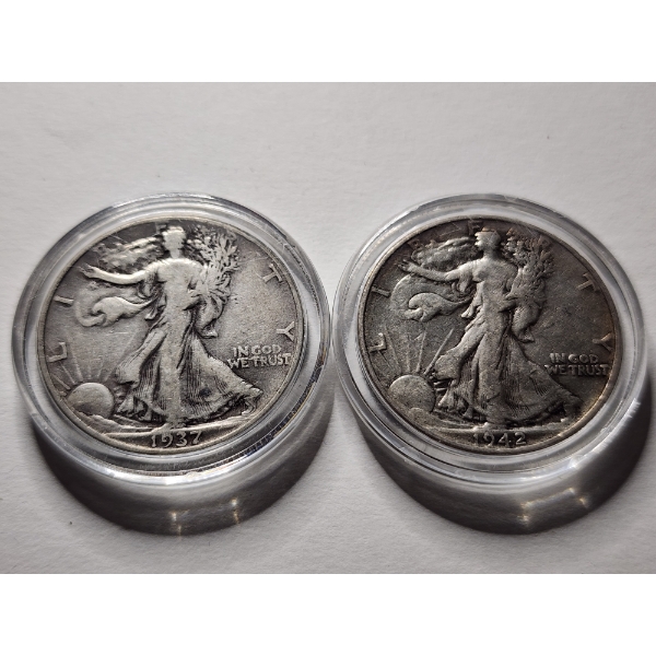 Two United States Walking Liberty 90% Silver Half Dollars in Protective Capsules ~ FACE VALUE $1.00