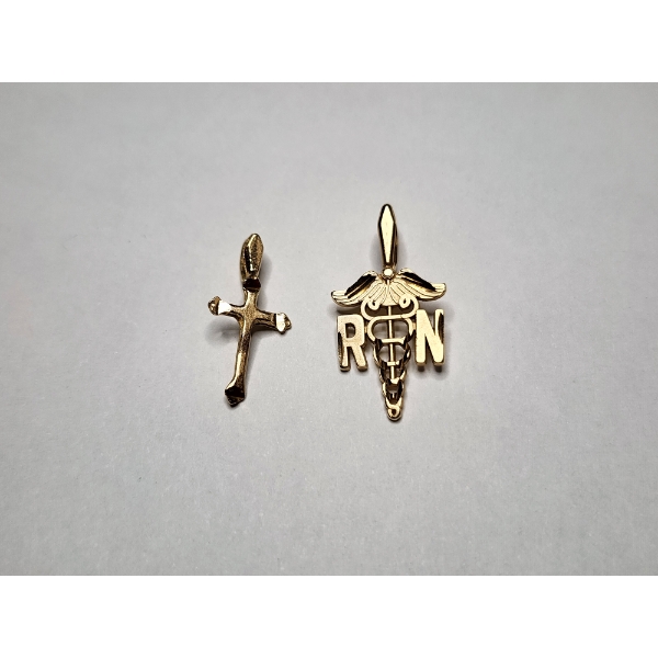 Two 14K Gold Pendants - Cross & "R.N." Caduceus - Total Weight 1.1 Grams