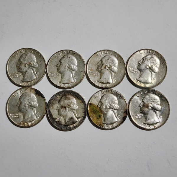 Eight Assorted 1964 United States Washington 90% Silver Quarters ~ $2.00 Face Value