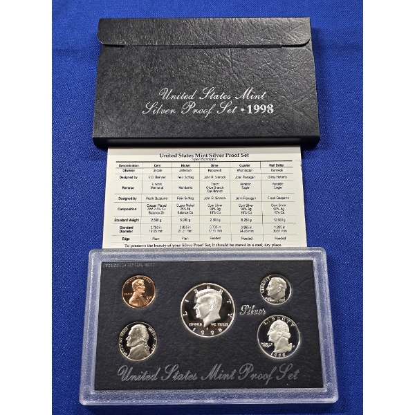 1998 S United States Mint Proof Silver Set - 5 Coin Set w/ Box & COA
