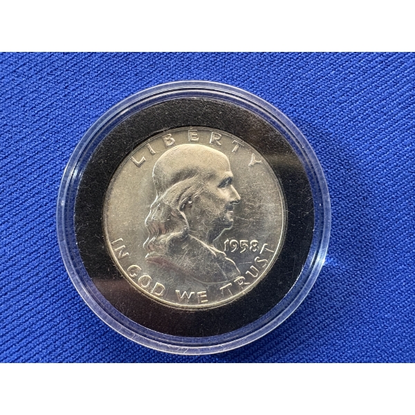 1958 90% Silver Franklin Half Dollar In Capsule