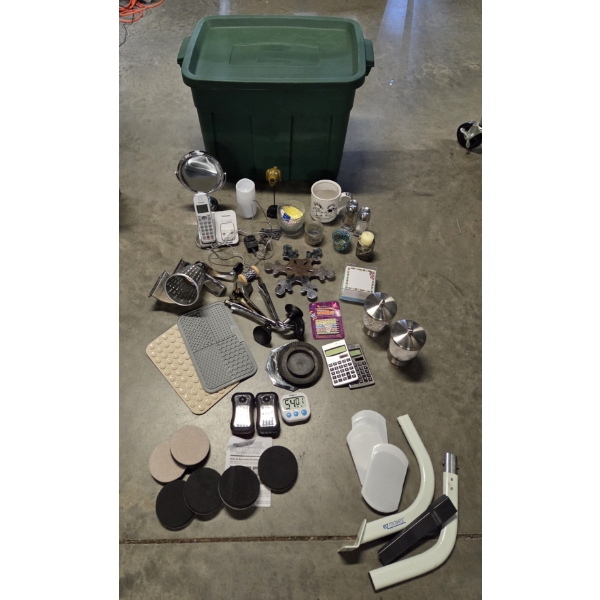 Storage Tote With Home Items Including Mirror, Cordless Phone, Candle Holders, Rubber Mats & More!