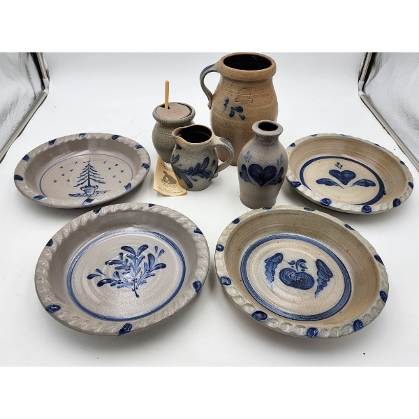 Assortment of Vintage Rowe Pottery Works Inc. Pieces Including: Plates, Vase, Honey Pot, & More!