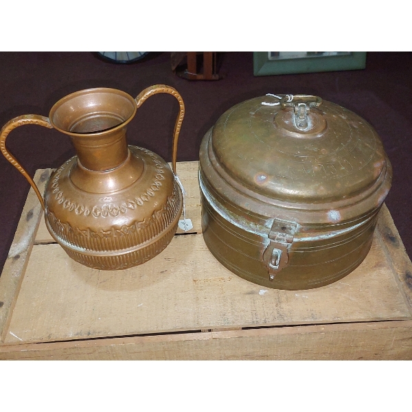 Antique Hand Tooled Copper Handled Vessel / Pot & Brass Lidded Cooker - See Pics