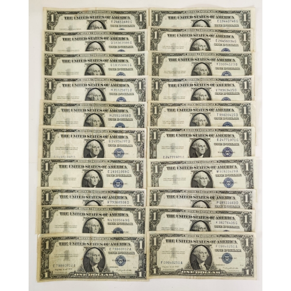 Lot of 20 United States Blue Seal $1 Silver Certificates - Face Value $20.00