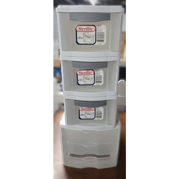 (3) Individual Stackable Drawers 9x14x6.5 & (1) 3-Drawer Storage Container 13x10x11