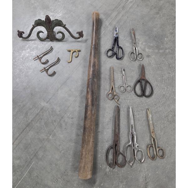 Neat Vintage Scissors Collection, Cast Iron Decorative Wall Hook, Wood Club & More