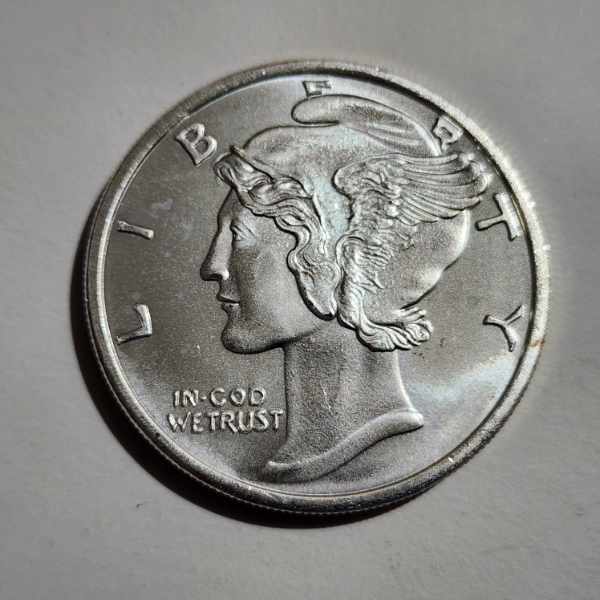 One Troy Ounce .999 Fine Silver Round Ft. Mercury Dime Motif & Design