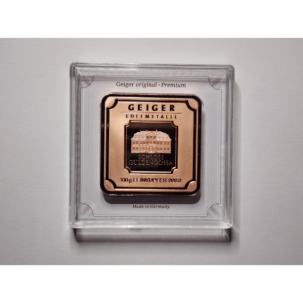 BEAUTIFUL 100 Gram Geiger Premium Copper Bar in Acrylic Case With Official Card 
