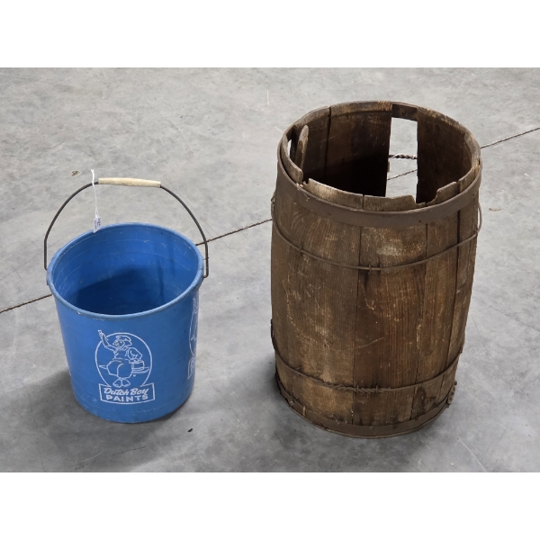Vintage 17''x12'' Wooden Barrel And Plastic 10'' Dutch Boy Pail 