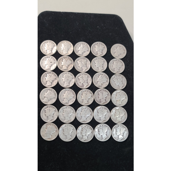 (30) Assorted Years 90% Silver Mercury Dimes Face Value: $3