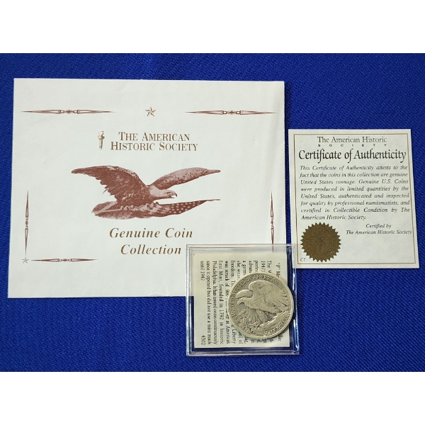 1943 Walking Liberty Silver Half Dollar with The American Historic Society COA