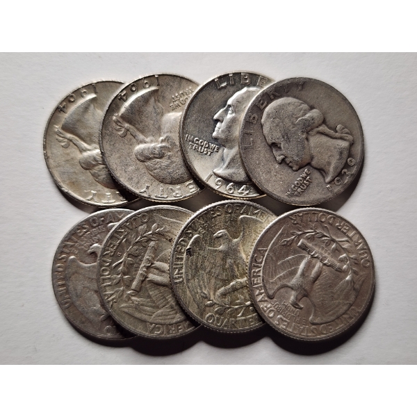Eight Assorted United States 90% Silver Quarters ~ FACE VALUE $2.00