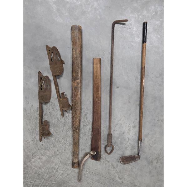 Unique Vintage Collectables Including Wood Clubs, Metal Fire Poker, Ice Skate Blades & More
