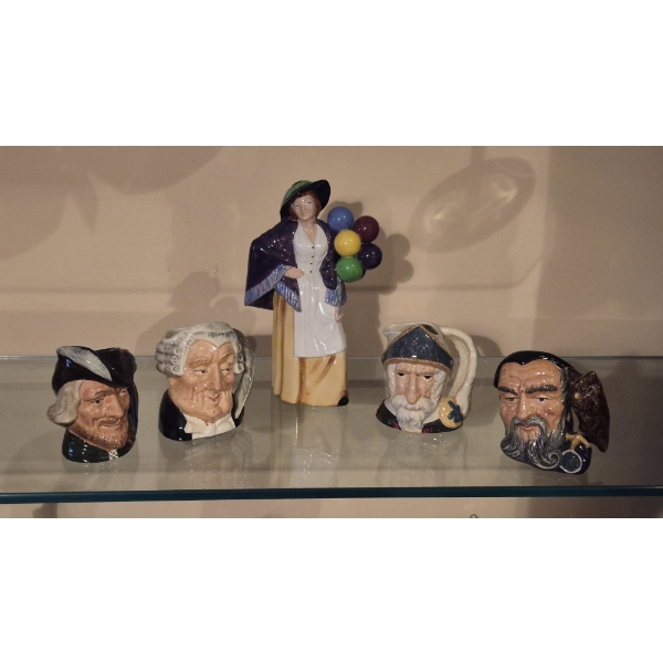 5 Pcs Royal Doulton Porcelain Includedes Ballon Lady & 4 Midi Toby Mugs - See Pics For Numbering