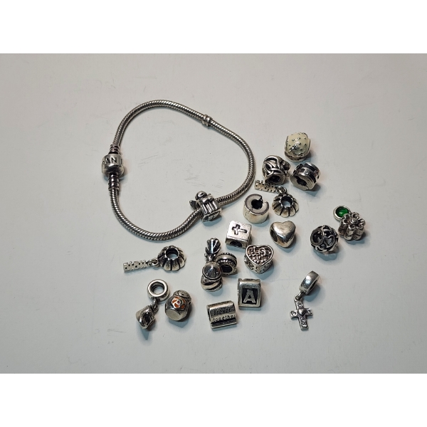 Sterling Silver Pandora Bracelet and Charms: Total Weight: 68.6g