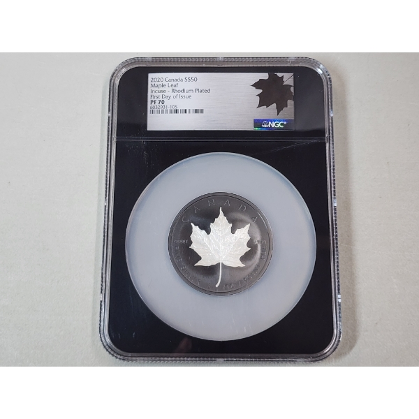 2020 Canada $50 Maple Leaf 3oz .9999 Silver Incuse - Rhodium Plated FDOI Graded by NGC PF 70