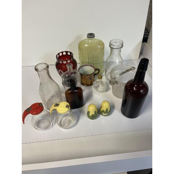 Miscellaneous Glassware - 14 bottles - Dressing containers - corn salt and pepper shakers - mug - le