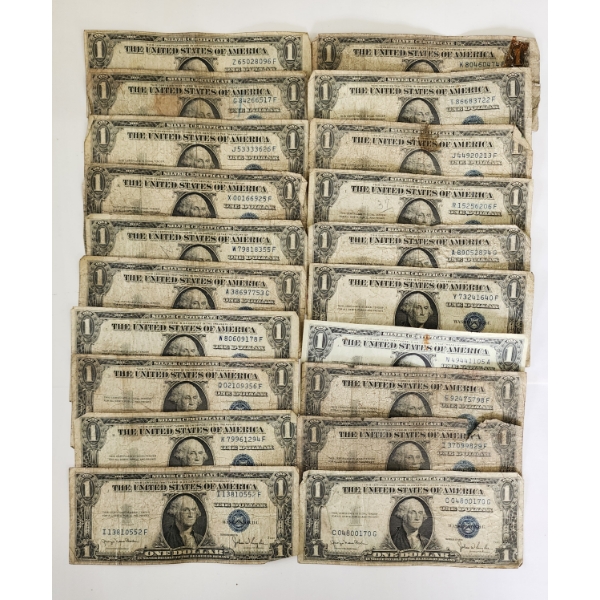 Lot of 20 United States Blue Seal $1 Silver Certificates - Face Value $20.00