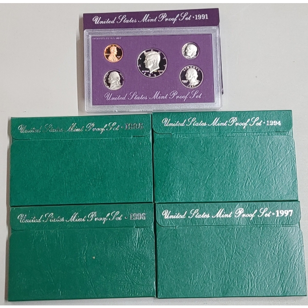 1991, 1994, 1995, 1996, 1997 United States Mint Proof Coin Sets